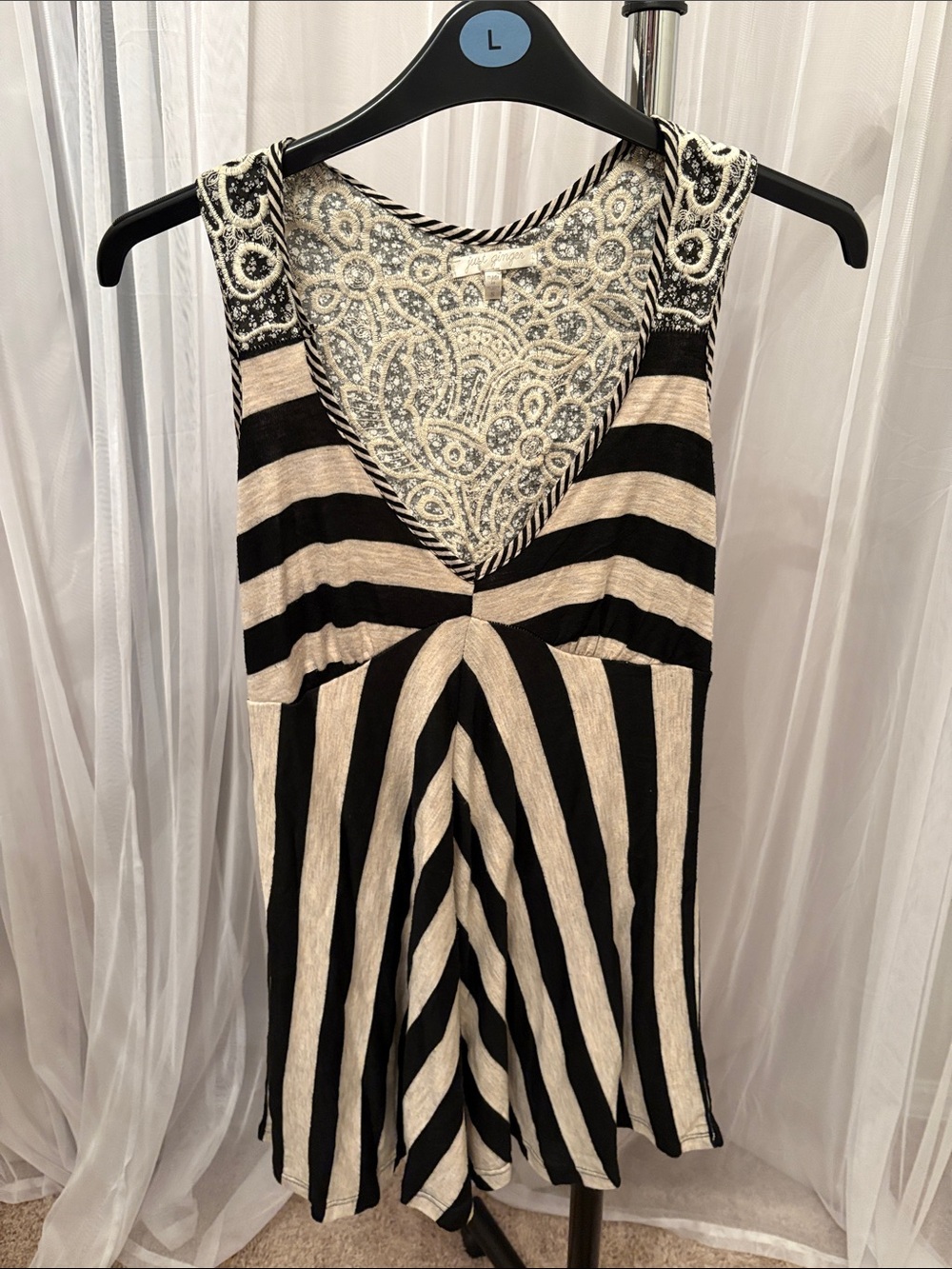 just ginger Black and Cream Striped Sleeveless Top with Embellished Neckline